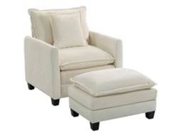 Poltrona com Apoio para os Pés, Sofá de Chenille de 1 Lugar, Assento Largo, Estofamento de Camada Dupla, 85x128x86cm, Creme ZACHARY