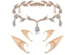 Diadema de Hoja com Pedras Rhodas e Orelhas de Elfo para Boda, Fiesta, Cosplay, Noiva, Prom (oro Rosa) | S/MARCA
