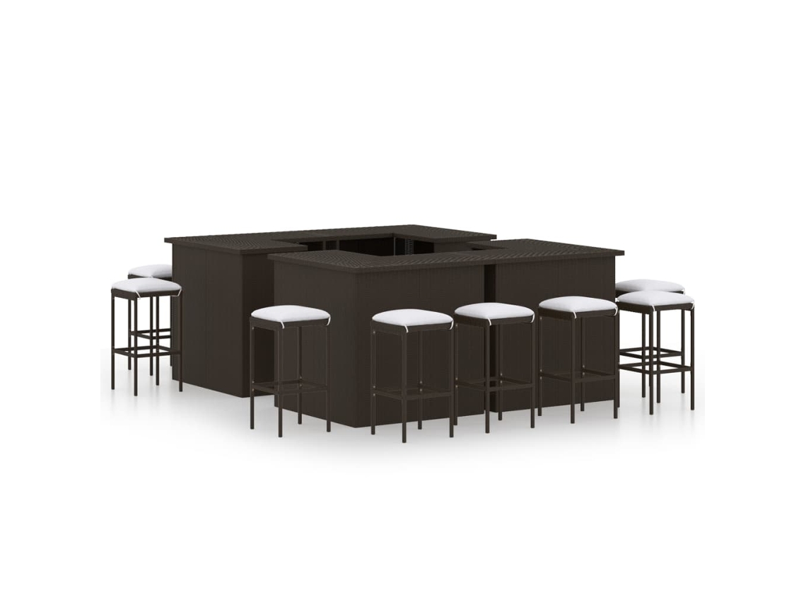 Vidaxl 16pcs Conjunto De Bar P/ Jardim Com Almofadões Vime Pe Castanho