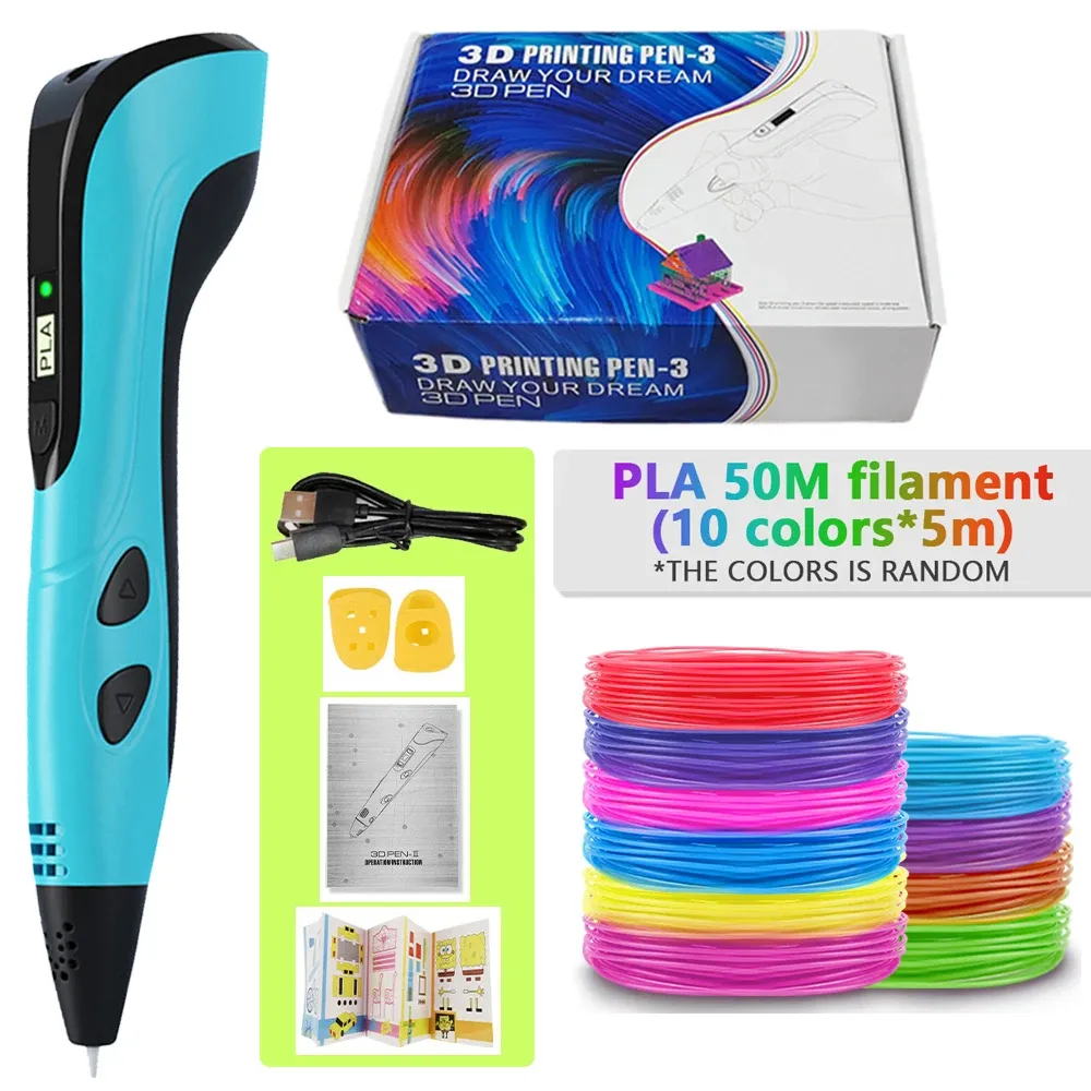 Caneta De Impressão 3d Infantil Alimentada Por Usb,brinquedo Criativa Diy Com 5m X 10 Cores Filamentos Pla (azul) Digitallab