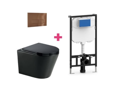 Conjunto de vaso sanitário suspenso em cerâmica preta fosca Turin com cisterna e botão de descarga retangular em cobre Aquore