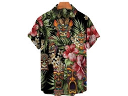 Camiseta Casual Masculina De Verão Com Estilo Hip Hop, Padrão Patchwork, Manga Curta E Gola De Botão - Tamanhos Xs A 5xl Verde