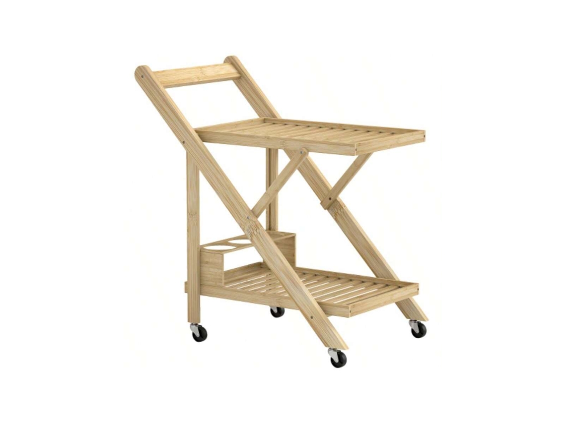 Carrinho De Bambu 66x40x70cm Com Tampo E Porta Vinhos, Móvel De Cozinha Ou Escritório Natural, Com Rodas Hvorstur