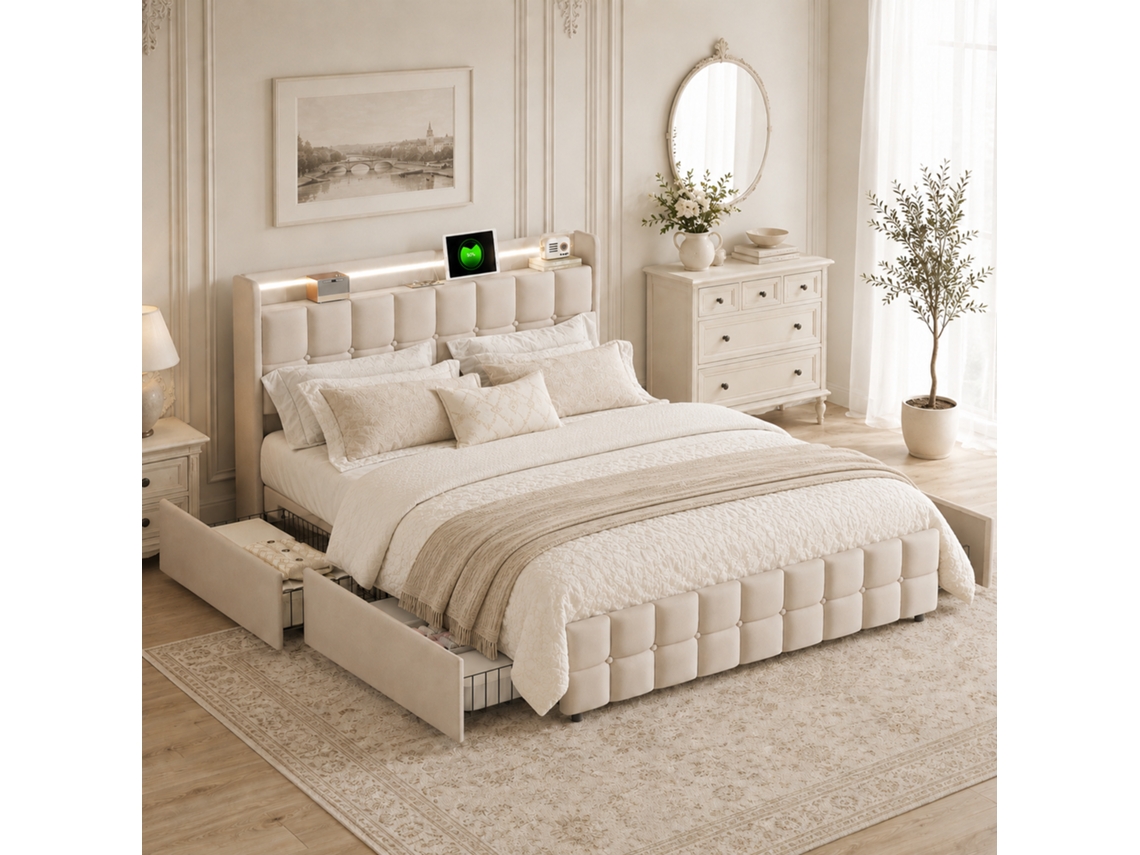 Cama de casal 140x200cm com espaço de arrumação, USB, cabeceira com LED, 4 gavetas, estofada, bege MEXUS