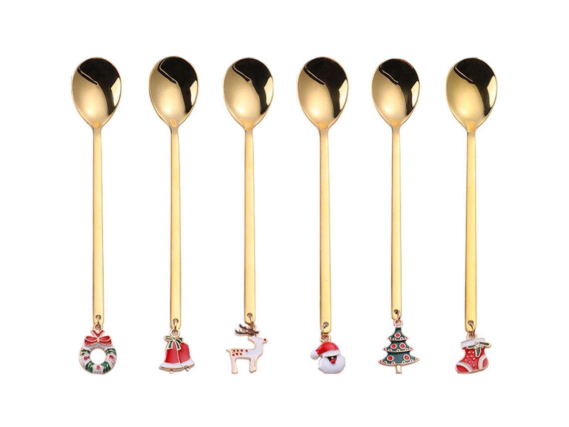 Conjunto de 6 Colheres de Café de Natal em Aço Inoxidável para Sobremesas RNEMITERY