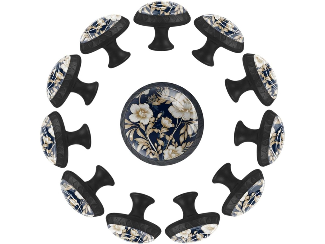 Puxadores E Botões Redondos Para Gavetas Armários, Conjunto De 12 Peças, Fundo Azul Com Estampa Floral Branca, Puxadores