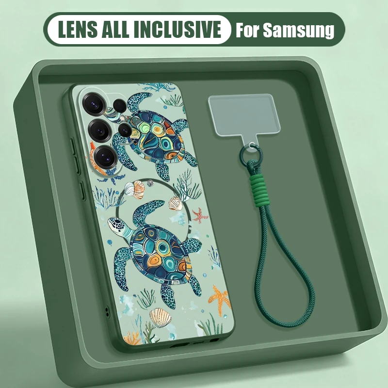 Capa Para Celular Galaxy S26 Com Pulseira Magnética E Estampa De Tartaruga (verde).