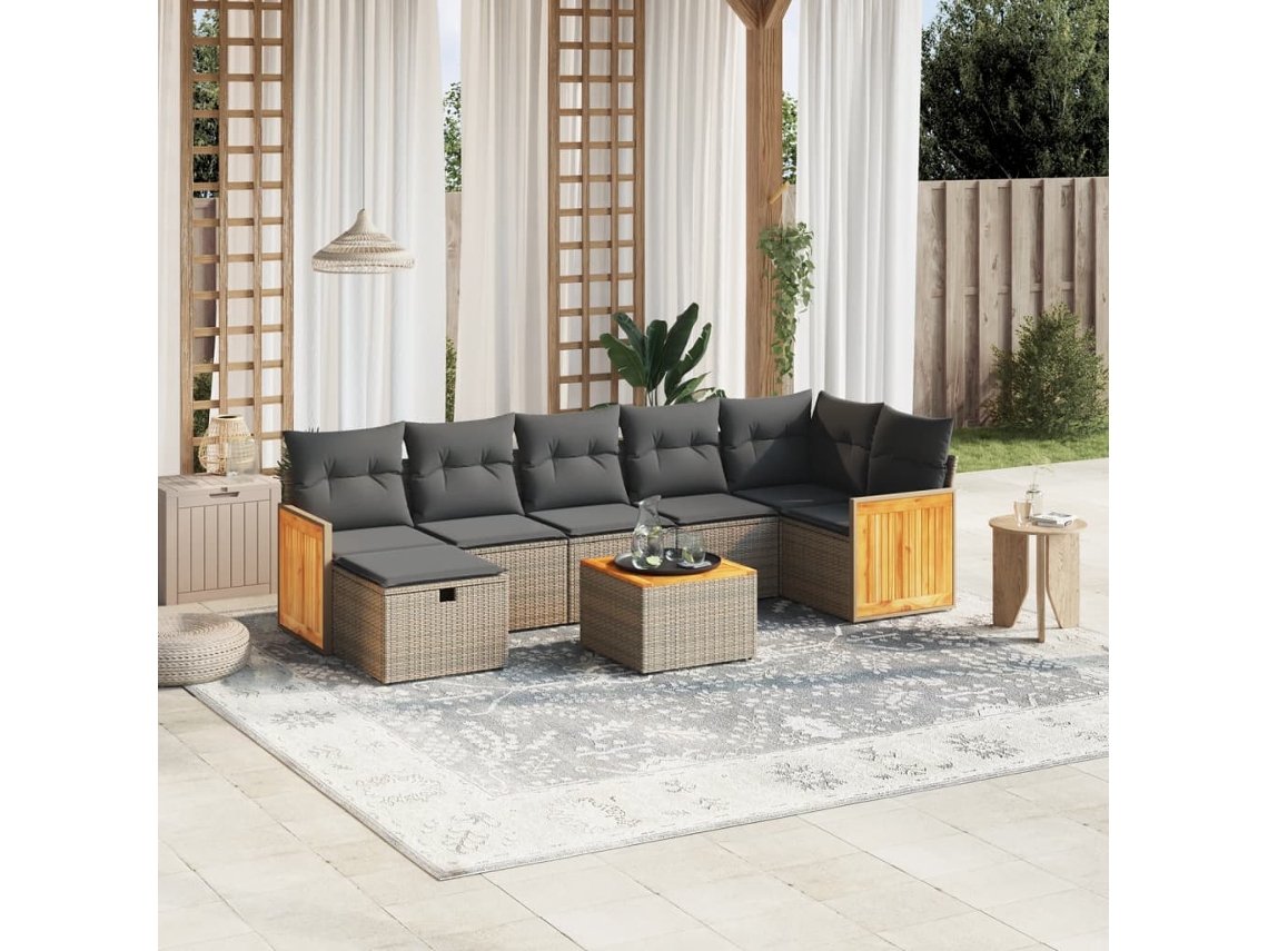 Vidaxl 8 Pcs Conjunto Sofás De Jardim C/ Almofadões Vime Pe Cinzento