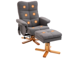 Poltrona Relax Reclinável, Apoio Pés, 10 Pontos Massagem, Giratória, Comando, Bolso Lateral, Cinza.