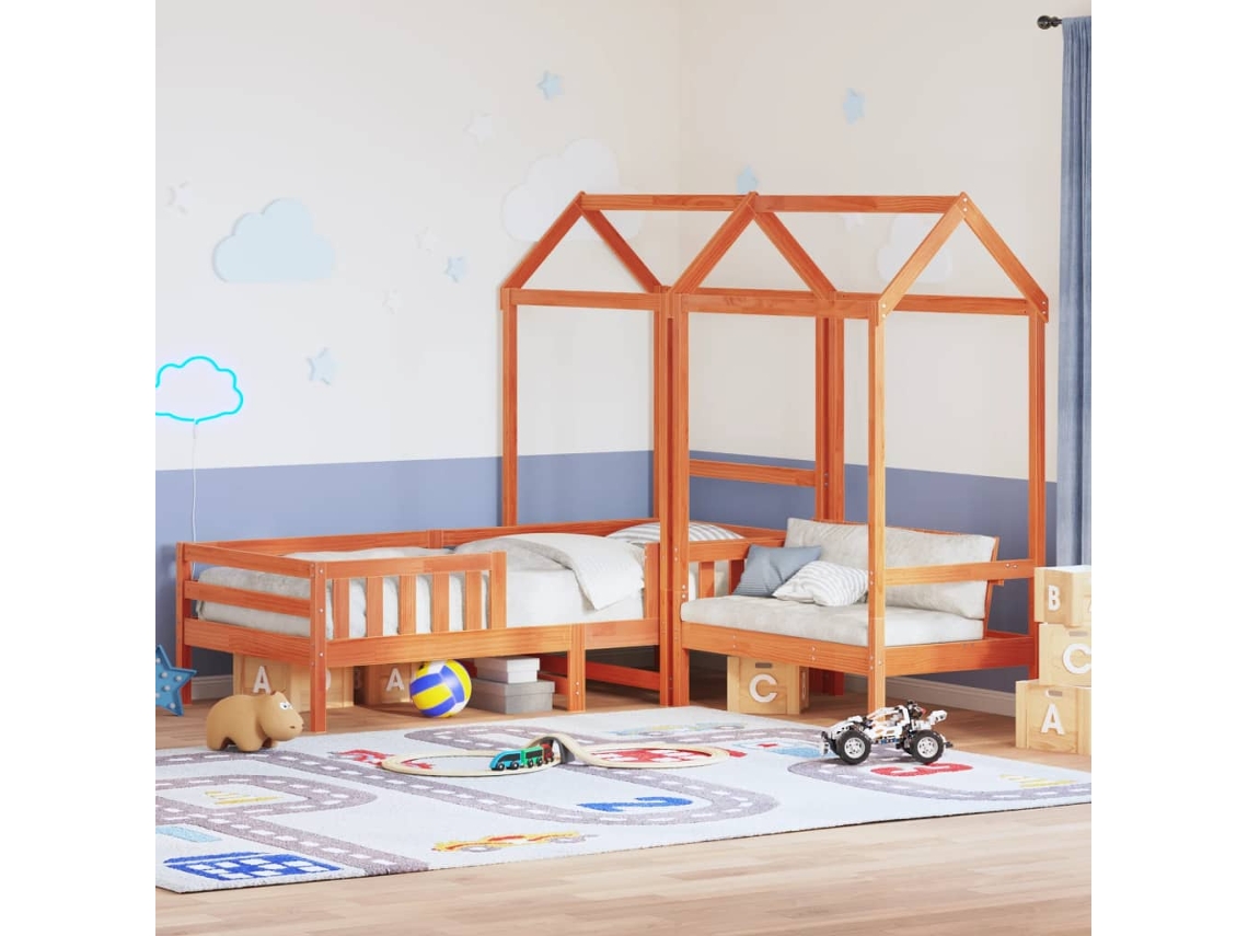 Vidaxl Conj. De Cama E Banco C/ Telhado 90x190 Cm Pinho Castanho-mel