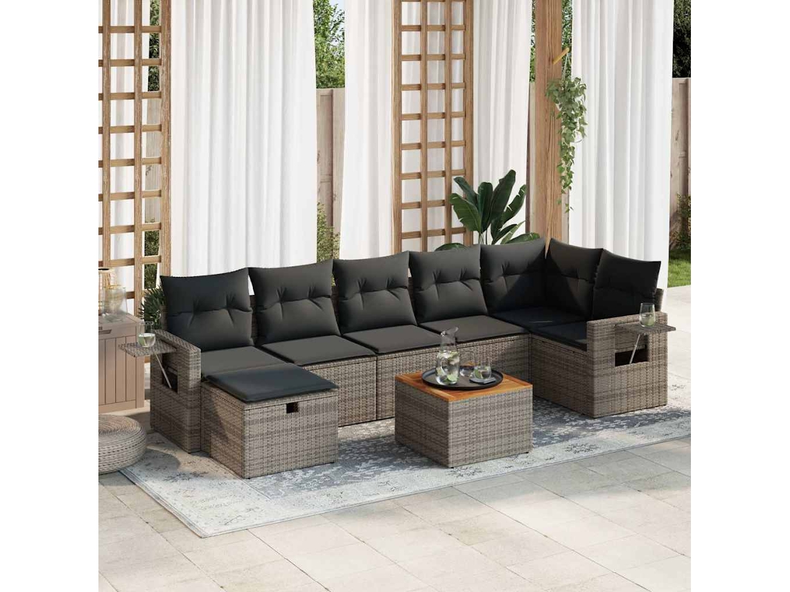 Vidaxl 8 Pcs Conjunto Sofás De Jardim C/ Almofadões Vime Pe Cinzento