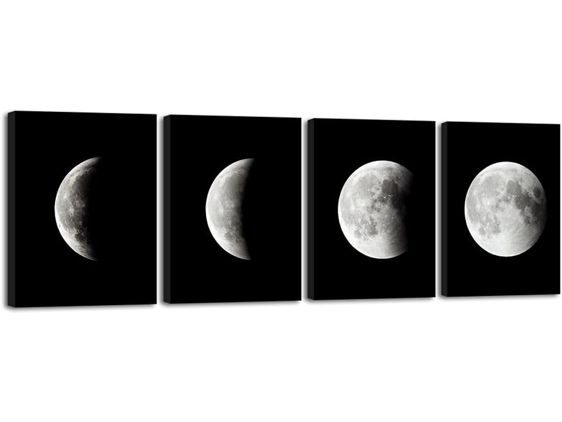 4 Peças de Arte de Parede em Tela Preta e Branca com Fases Da Lua Arte Abstrata com Fosco e Vedação de Painel Acrílico ZMDECQNA