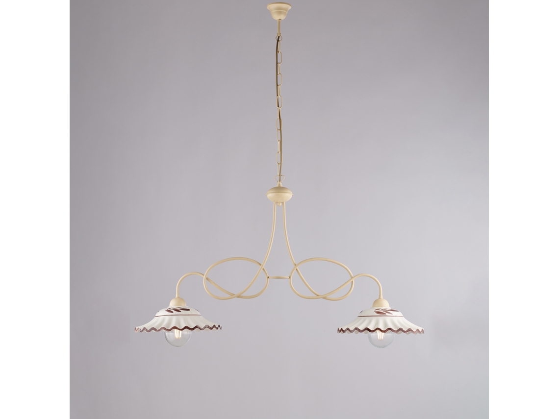 Lustre E Deco Em Ferro Bistrot Marfim. Efeito Decapado Com Difusores Cerâmicos D. 30 Branco E Marrom 2 Luzes L. 98 X 30 Belight