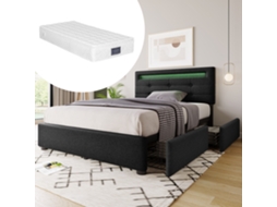 Cama Solteiro Preta 90x200cm Estofada, Led, 2 Gavetas, Cabeceira Ajustável, Ripas (c/ Colchão). -op