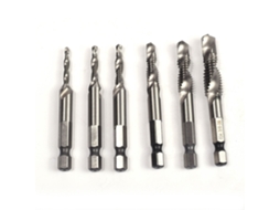 Conjunto de 6 brocas e rosqueadeiras com encaixe de 1/4", tamanhos de 1/8" a 3/8", em aço, ferramenta versátil para perfuração.
