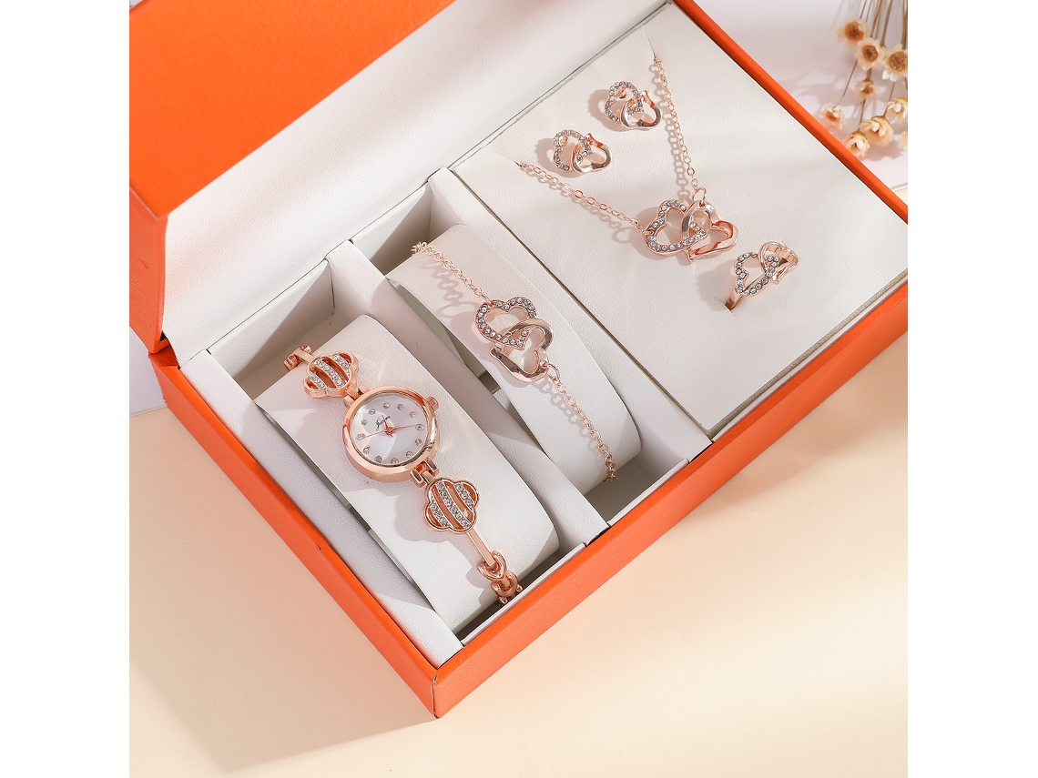 Conjunto de Presente Feminino com Relógio de Pulseira de Malha e Caixa Laranja SPQMENT