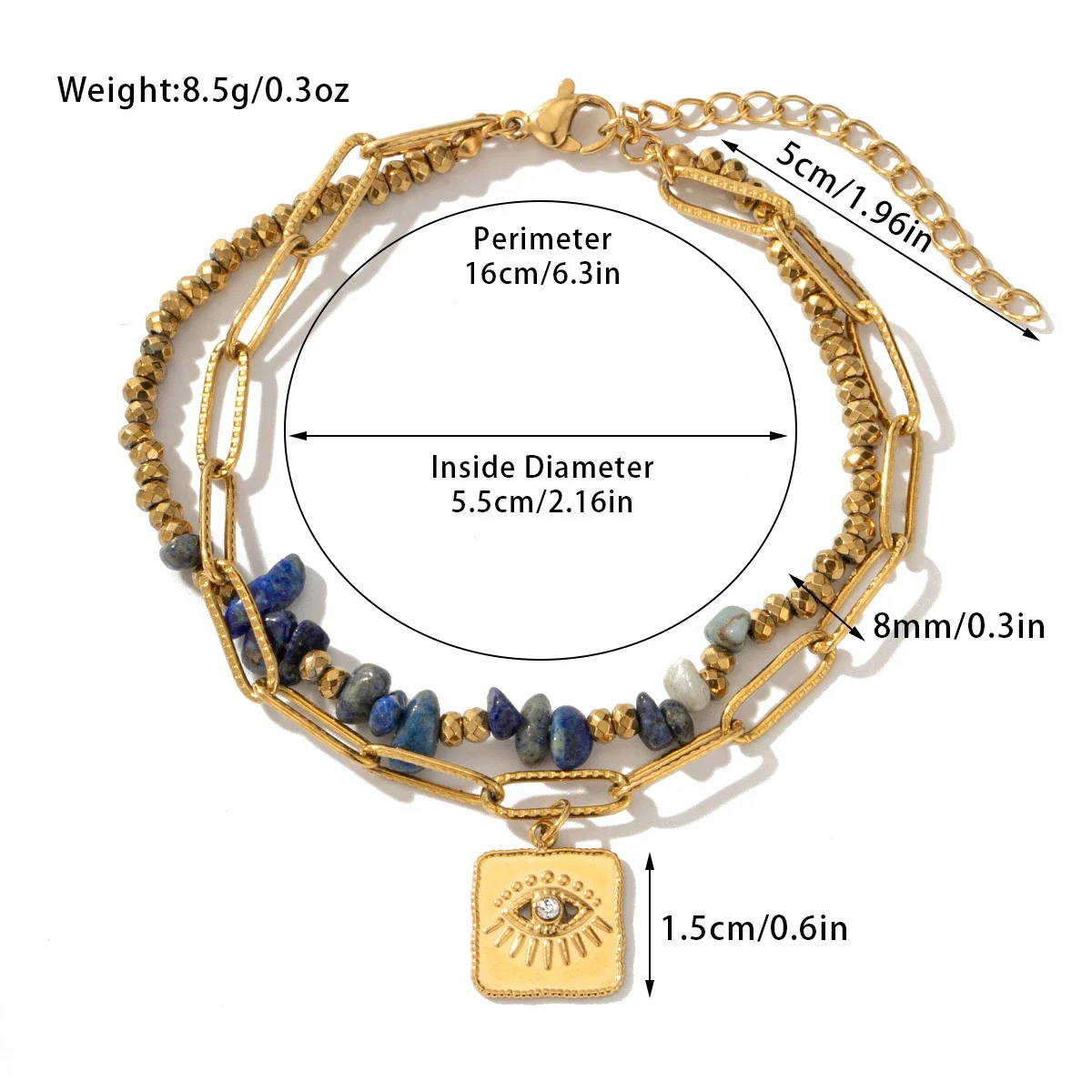 Pulseira Boêmia Em Aço Titânio Com Contas De Pedra Natural