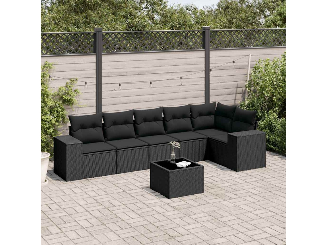 Vidaxl 7 Pcs Conjunto De Sofás P/ Jardim C/ Almofadões Vime Pe Preto