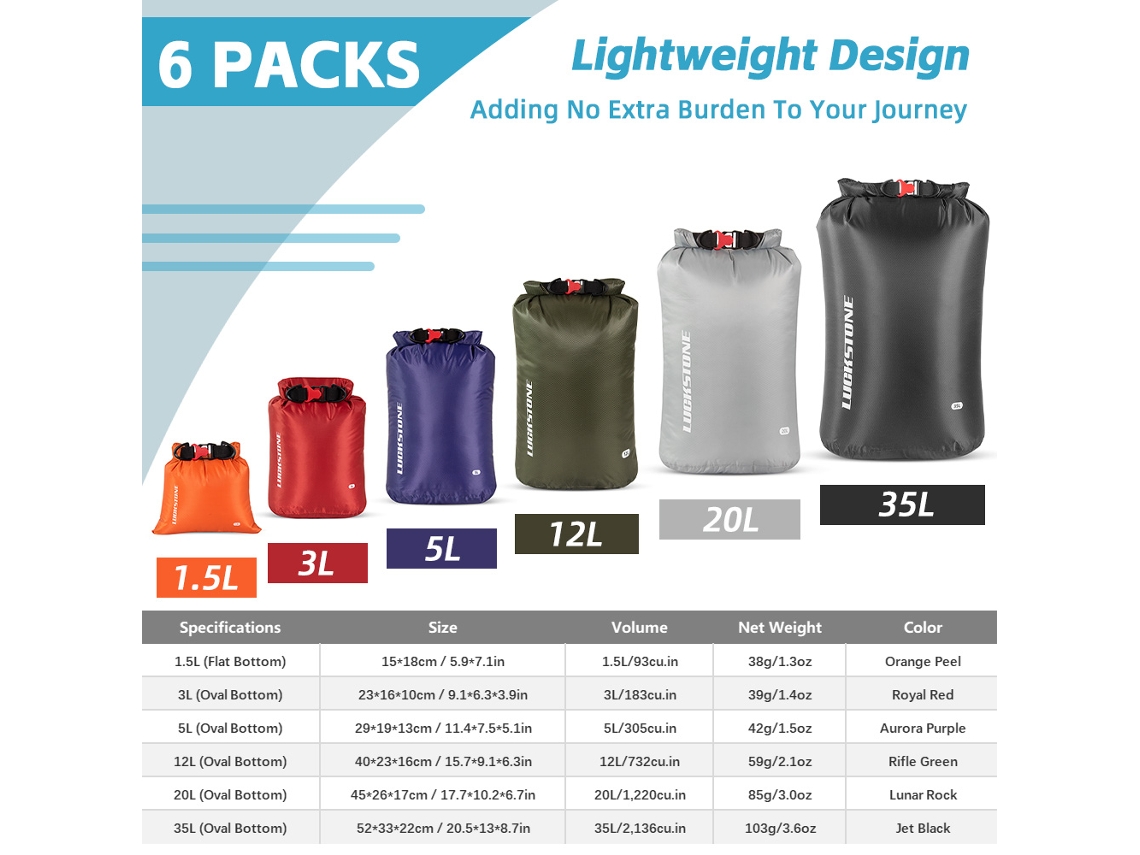 Conjunto de Sacos Secos Impermeáveis para Camping 6 Pcs