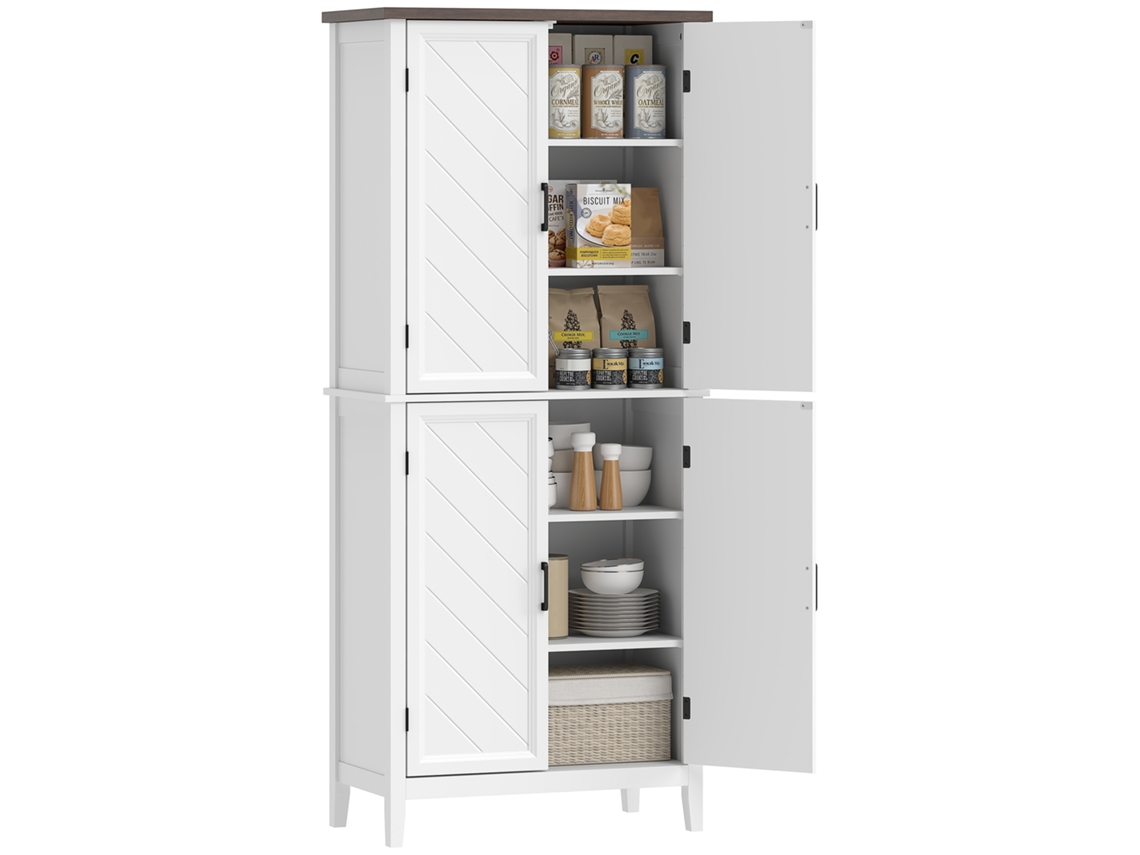 Aparador De Cozinha Com 6 Níveis, Armário De Cozinha, 4 Portas Em Espinha De Peixe E 4 Prateleiras Ajustáveis, 76x40x178,5cm, Branco