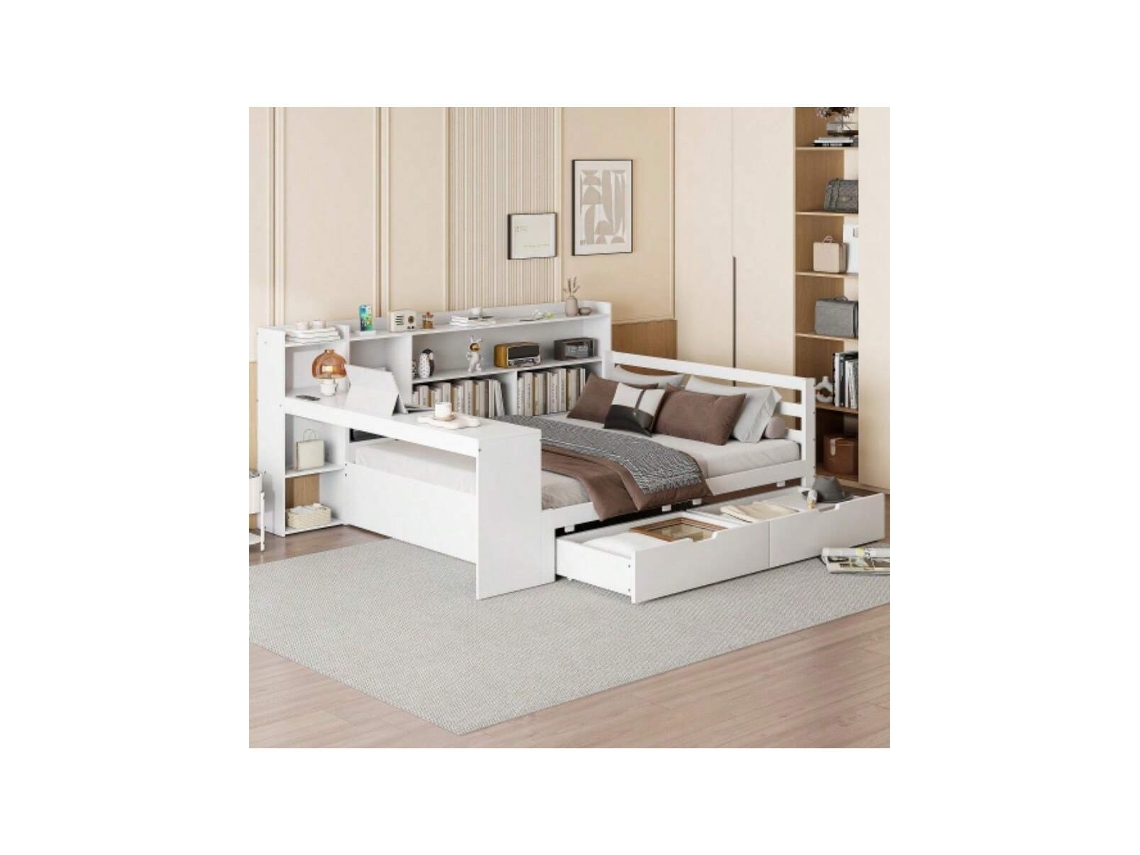 Sofá Cama Multifuncional Em Madeira Maciça 140x200 Cm Com Mesa, Prateleiras, Gavetas E Tomadas Branco Liptaptyn