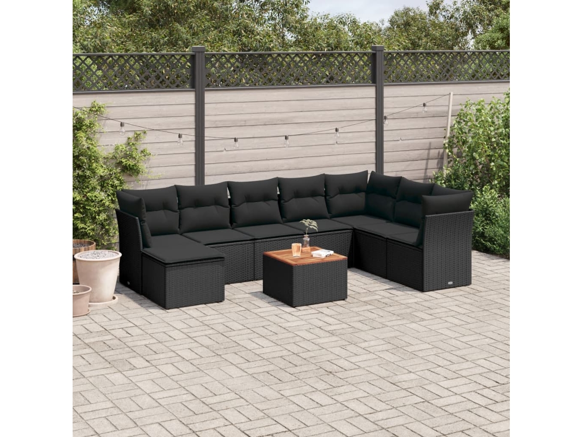Vidaxl 9 Pcs Conjunto De Sofás P/ Jardim C/ Almofadões Vime Pe Preto