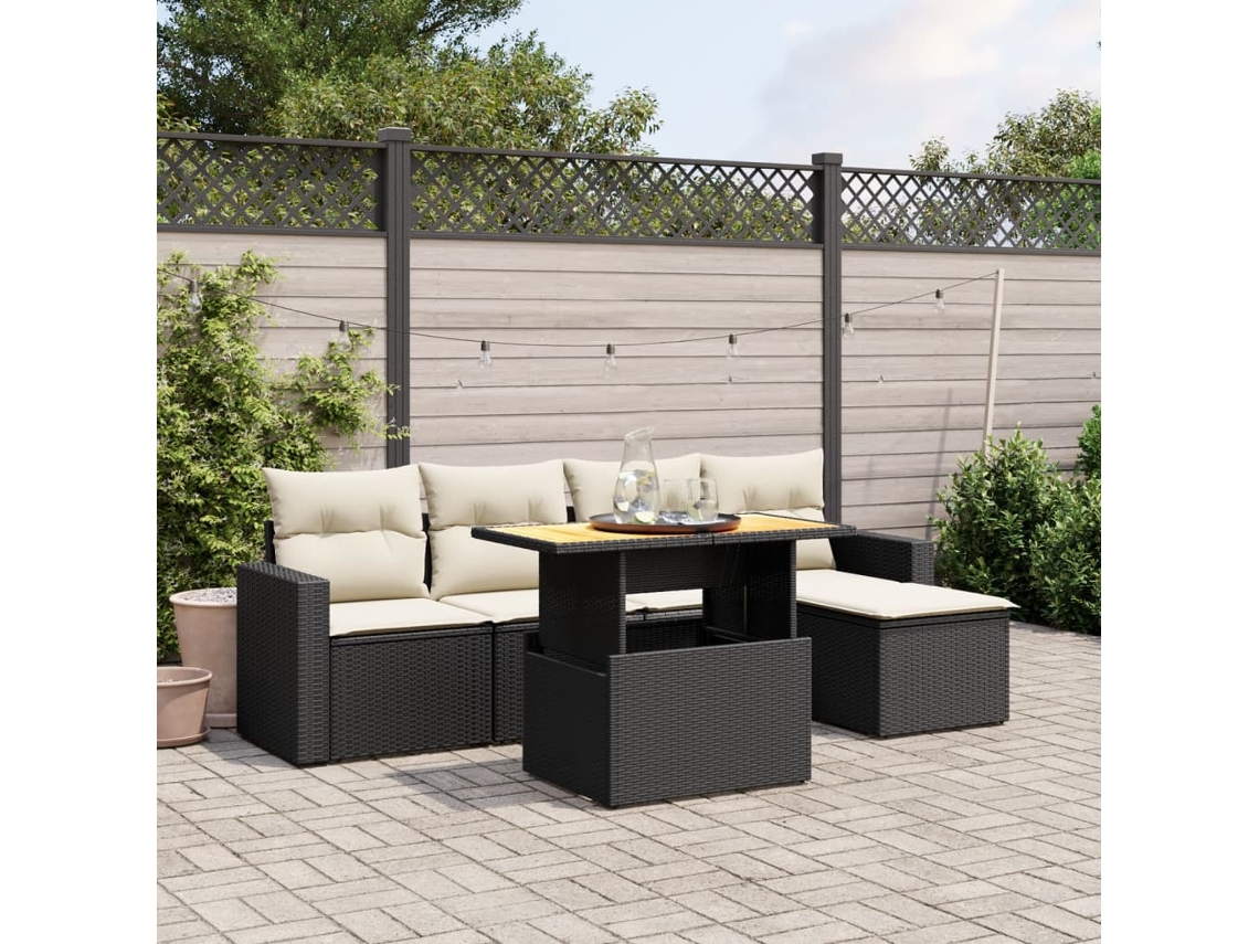Vidaxl 6 Pcs Conjunto Sofás De Jardim C/ Almofadões Vime Pe Preto