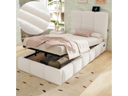 Cama Acolchoada Estofada Com Usb Com Estrado De Ripas Com Cabeceira Com Armazenamento De Boucle Acabamento Na Cor Bege