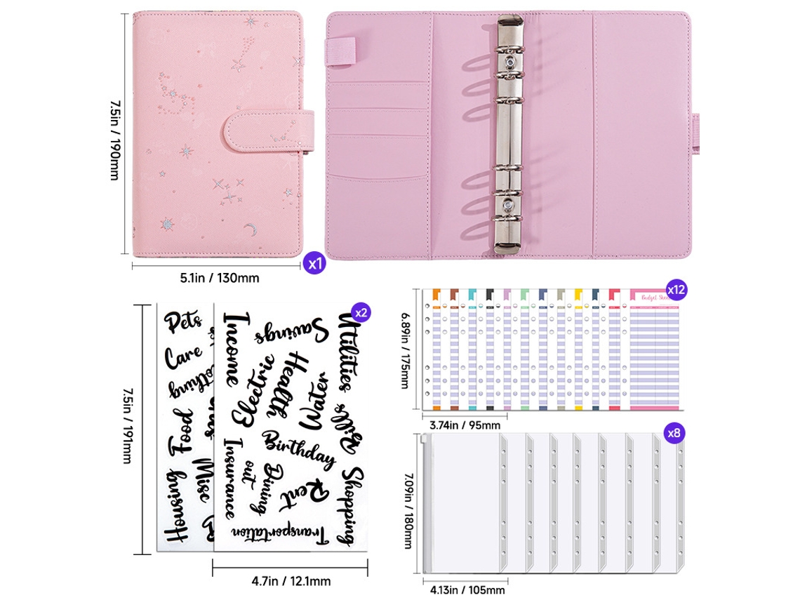 Starry Sky Refillable Loose Leaf Notebook A6 Pink Standard Gift Set With 12-budget Cards, 8-zipper Bags, 2-word Stickers