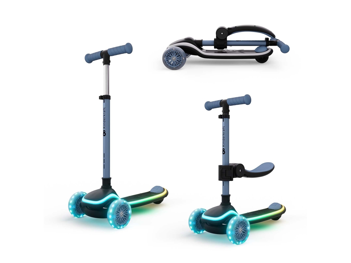 Trotinete Infantil Kinderkraft RAKET UP 2 em 1 com rodas LED RGB, plataforma iluminada e condução suave Azul