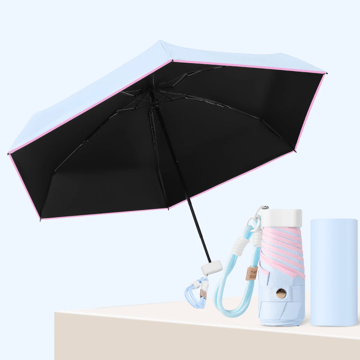 Mini Guarda chuva Dobrável Upf50+ com Pulseira de Corda Colorida, Guarda chuva de Bolso MDUG (azul Celeste)