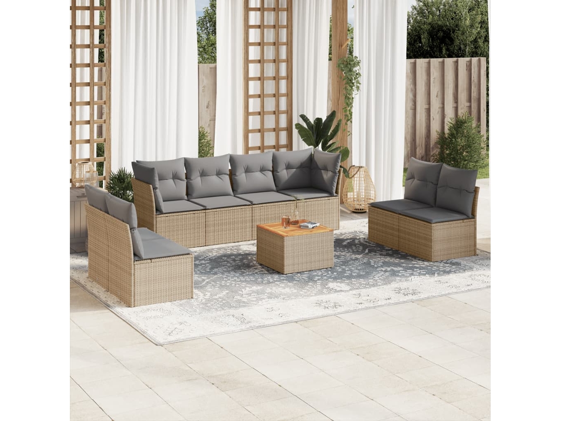 Vidaxl 9 Pcs Conj. Sofás Jardim C/ Almofadões Vime Pe Bege Misturado