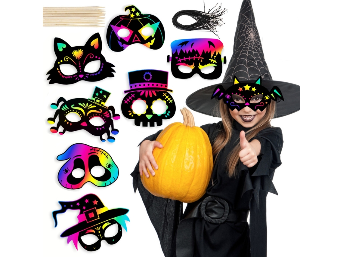 Conjunto de 8 máscaras de Halloween com arte de raspar em arco-íris: abóbora, bruxa e esqueleto para decoração de festas infantis.
