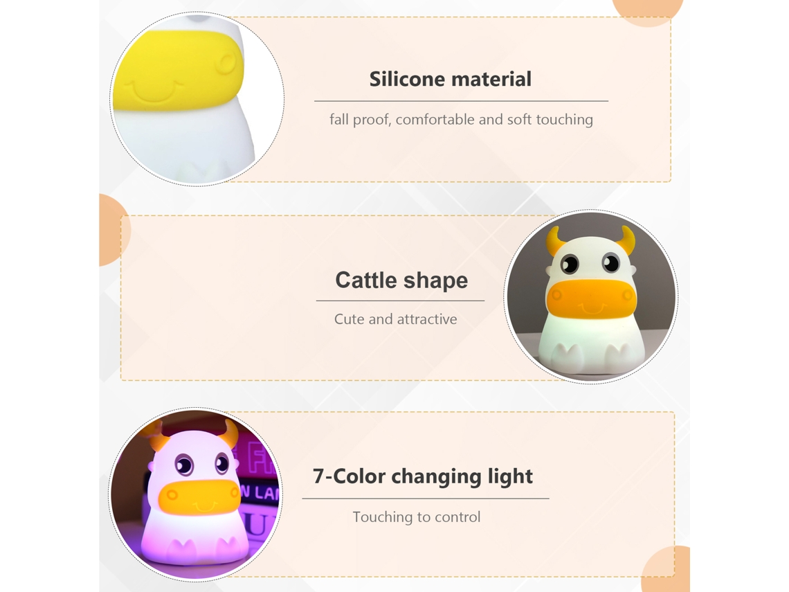 Luz Noturna para Crianças Cute Vaca Silicone Controle por Toque 7 Cores Presente de Aniversário