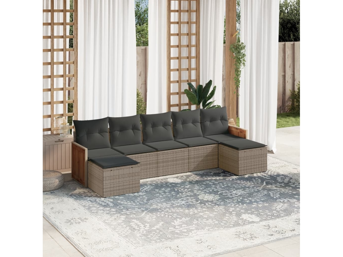 Vidaxl 7 Pcs Conjunto Sofás P/ Jardim C/ Almofadões Vime Pe Cinzento