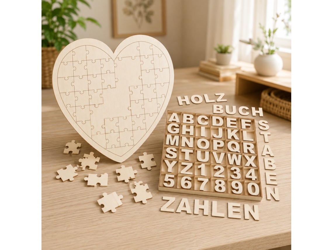 Conjunto Artesanato Madeira Crianças 2 Peças: 144 Peças com Letras, Números e Puzzle Coração para Livro de Visitas NORTHIO