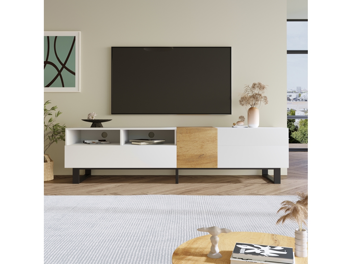 Móvel para TV Marrom, Suporte Giratório, 116x42x125 cm, 3 Prateleiras Vidro Preto, para Tvs 32-65 polegadas KOMHTOM