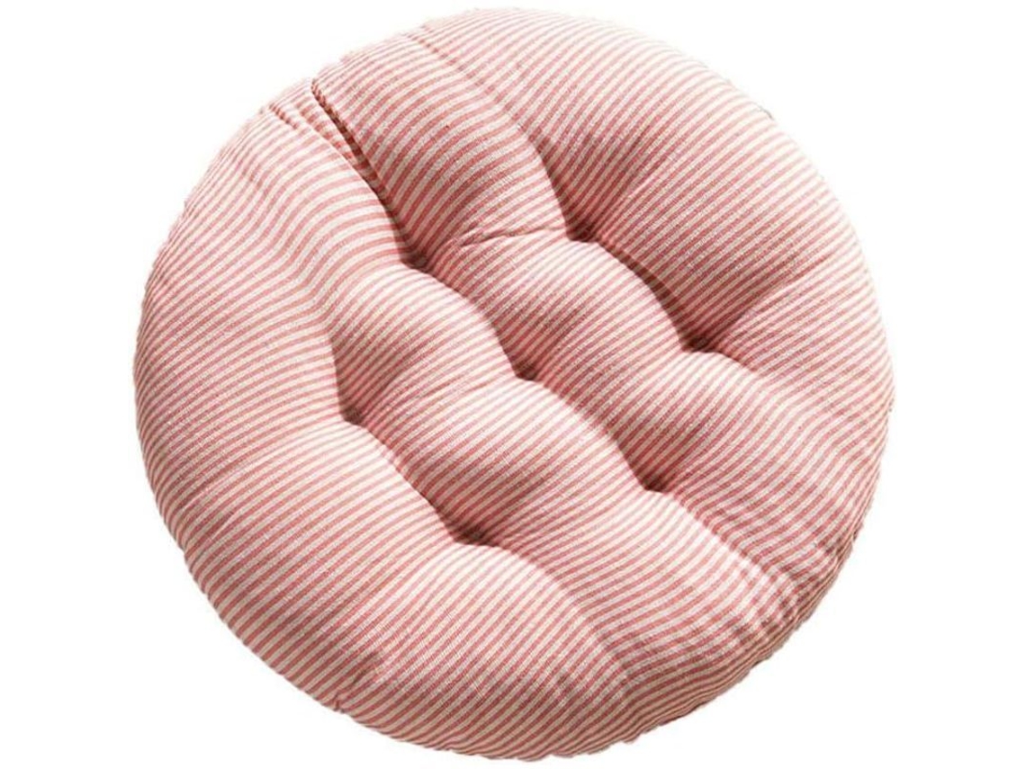 Almofada redonda rosa respirável em algodão e linho para tatame e uso interno, ideal para pessoas sedentárias.