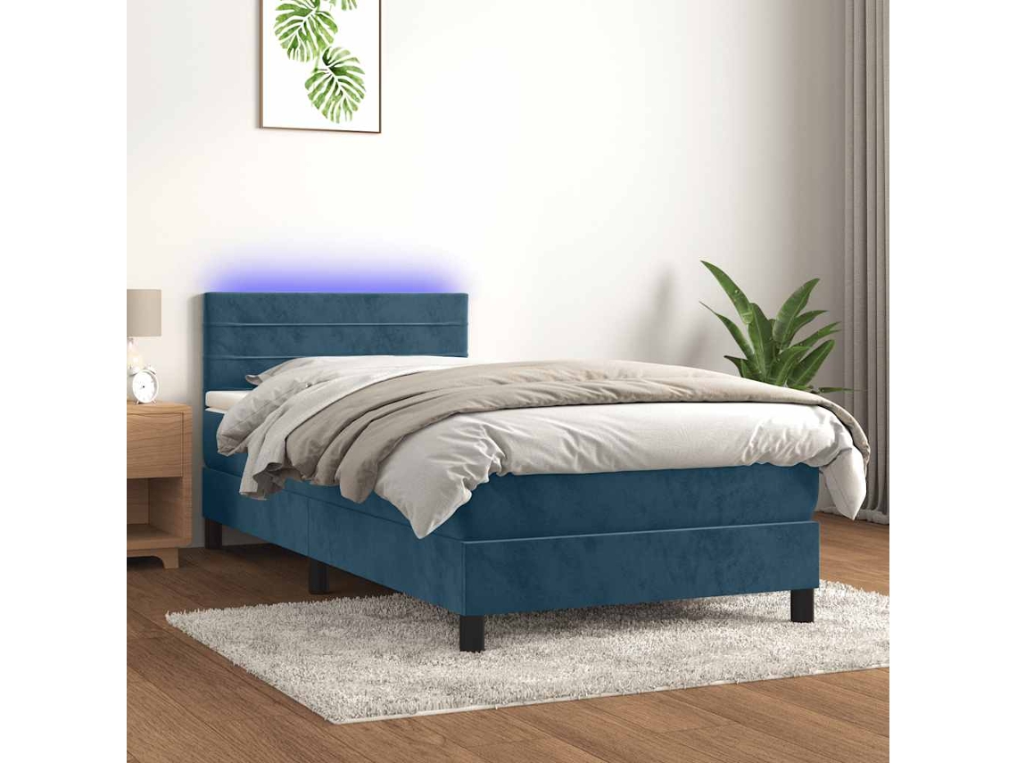 Vidaxl Cama Box Spring C/ Colchão/led 90x190 Cm Veludo Azul-escuro