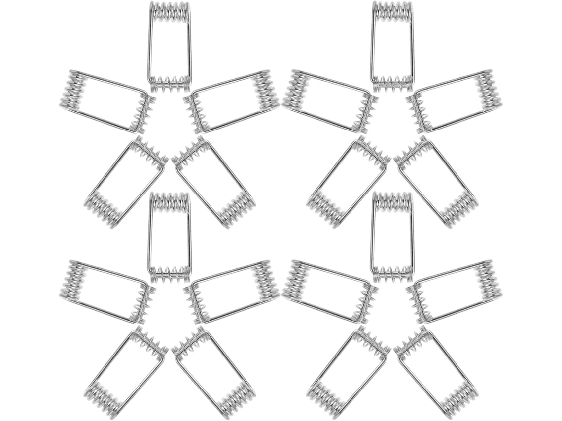 Conjunto de 20 peças de prendedores metálicos para documentos e artesanato, uso versátil e manuseio confortável em projetos domésticos.