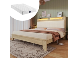 Cama De Casal 160x200 Cm Cabeceira Com Arrumação, Iluminação Led, Tecido Canelado Bege, Estrutura Em Madeira, Carvalho Claro Estilo