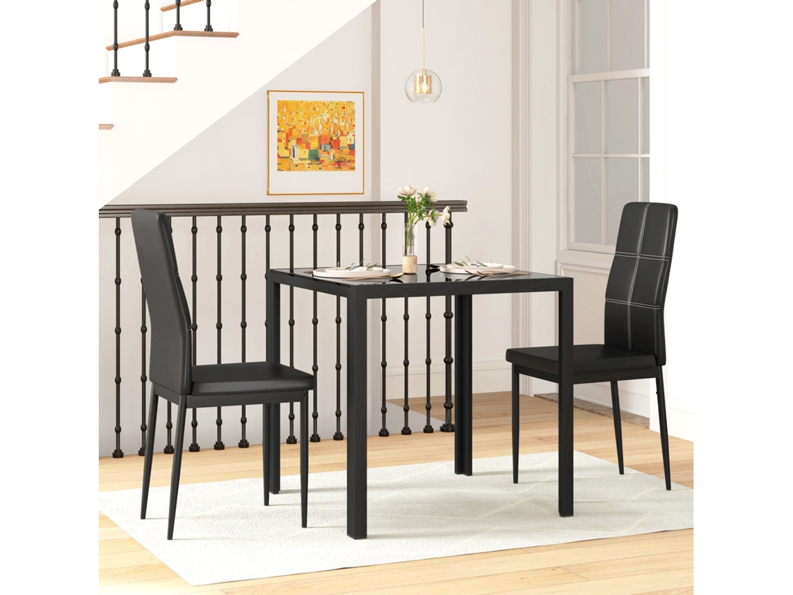 Conjunto de Mesa de Jantar e Cadeiras para 2 Pessoas, Tampo Retangular em Vidro, para Cozinha Sala de Estar, Preto