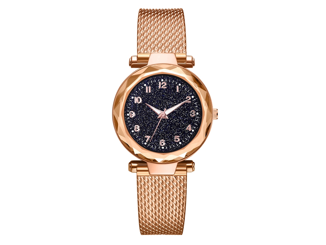 Relógio de pulso feminino de quartzo com pulseira de silicone, mostrador redondo, cor ouro rosa.