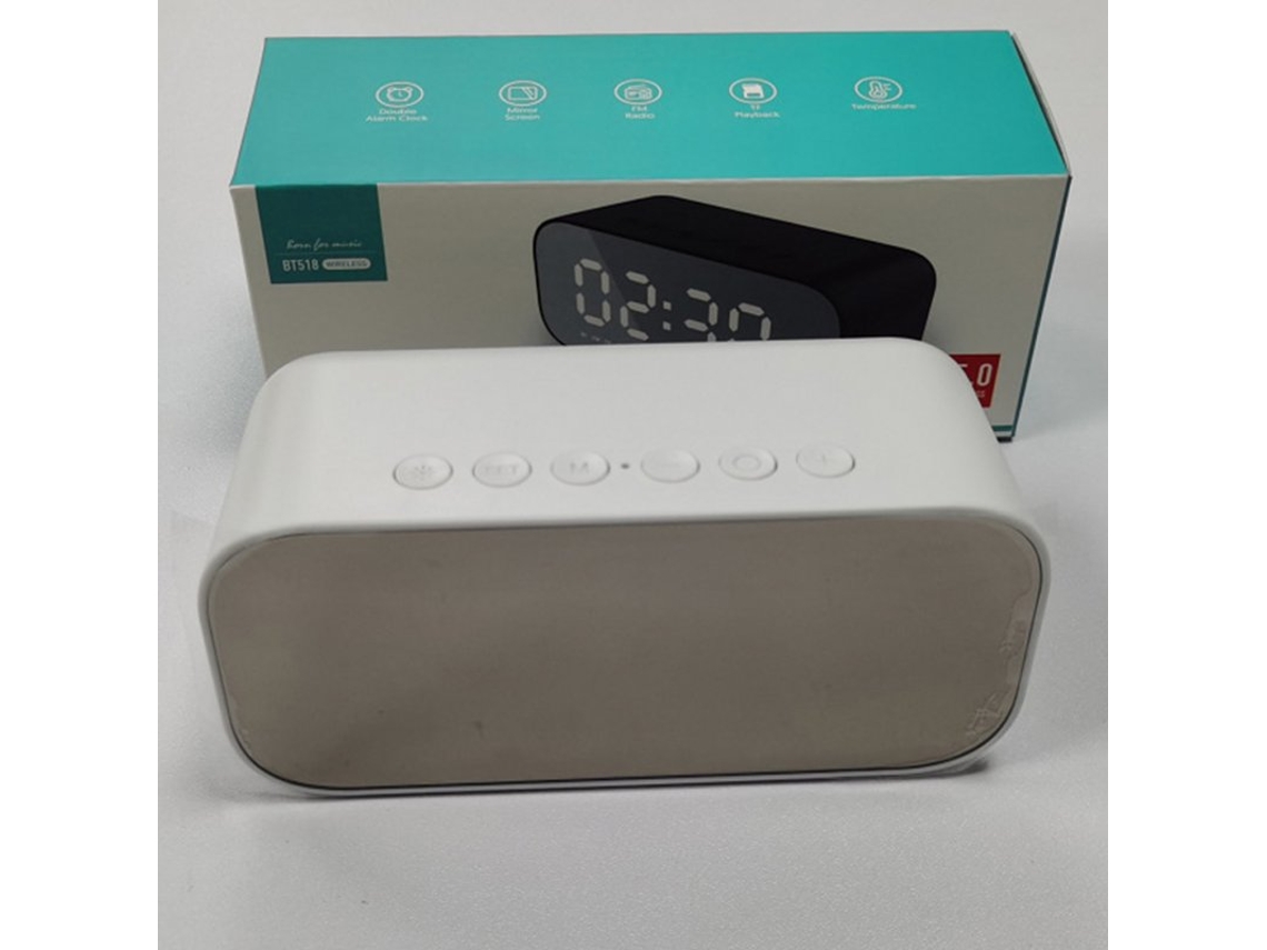 Coluna Bluetooth Despertador Espelho Display Áudio Multifuncional com Modo de Alarme Duplo Brilho de 3 Níveis Branco