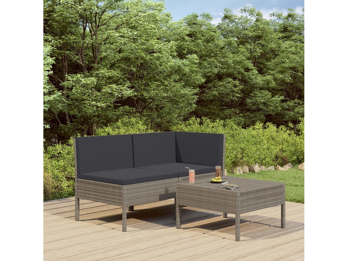 Vidaxl 3 Pcs Conjunto Lounge De Jardim C/ Almofadões Vime Pe Cinzento