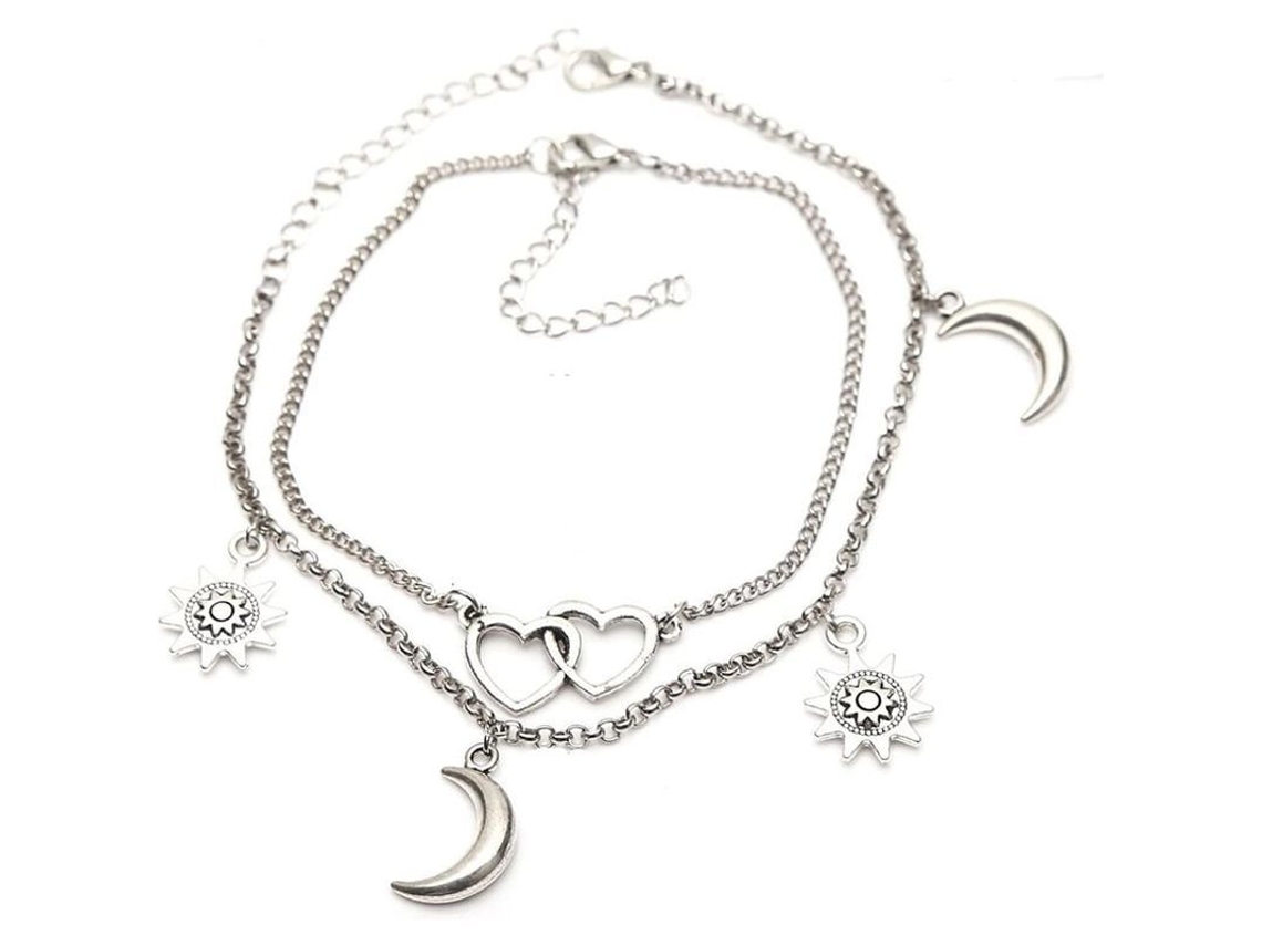 2026 2 Pcs Pulseiras de Tornozelo de Prata com Pingentes de Lua, Sol e Coração Ajustáveis para Mulher
