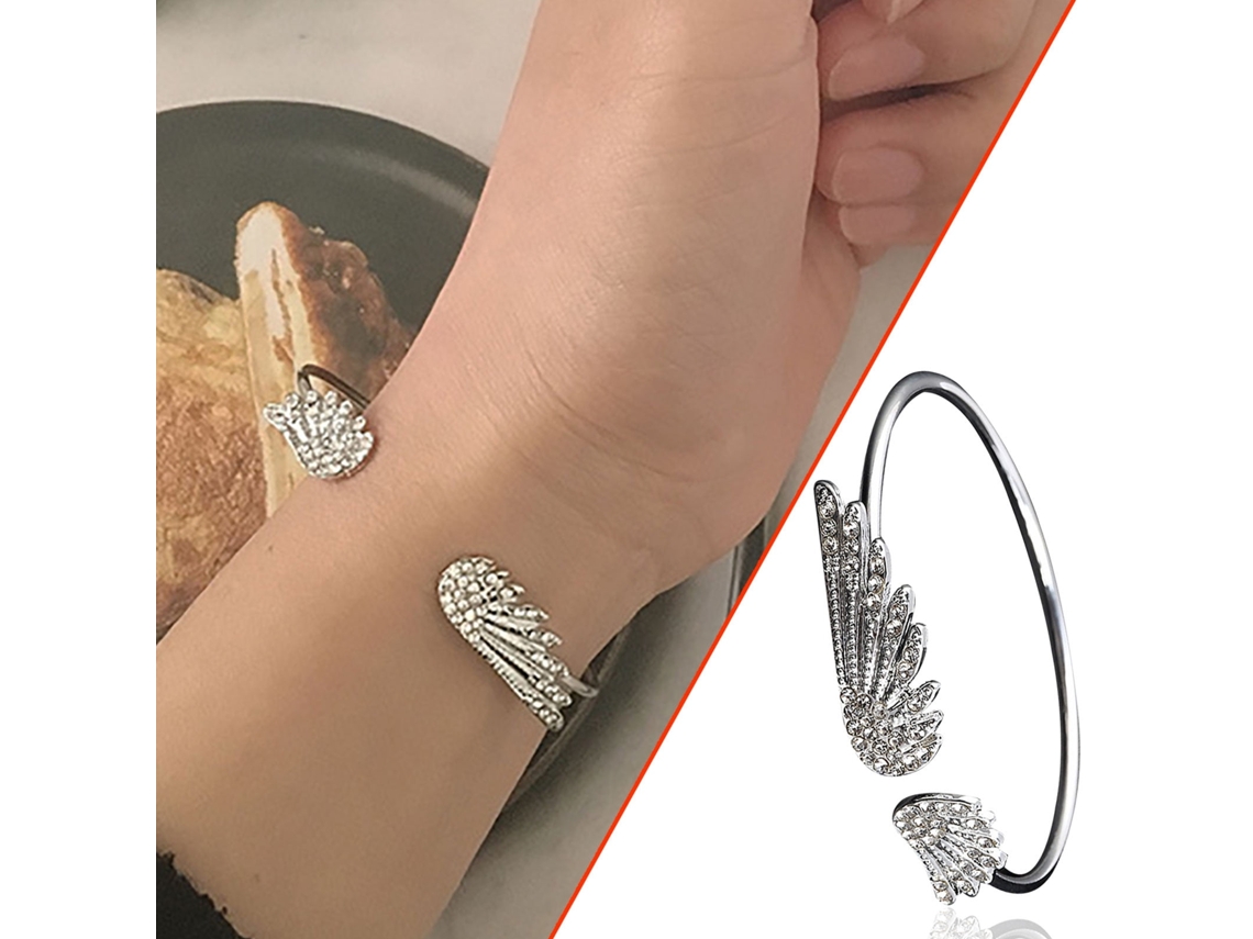 Pulseira aberta no atacado com asas de anjo e diamantes incrustados que revela seu temperamento.