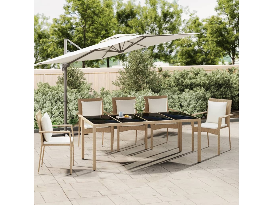 Vidaxl Mesa De Jardim C/ Tampo De Vidro Vime Pe/vidro Temperado Bege