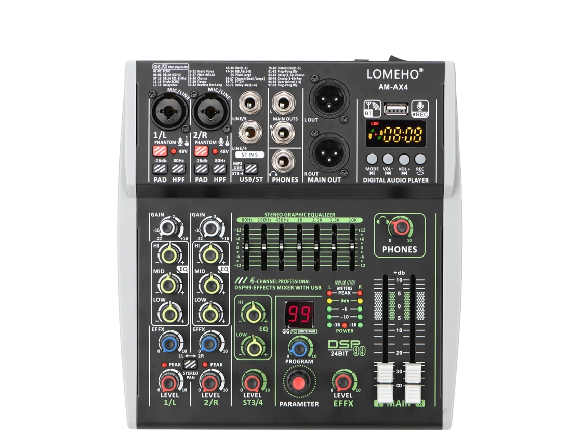 Mini Mixer De Áudio, 4 Canais, 99 Efeitos Dsp