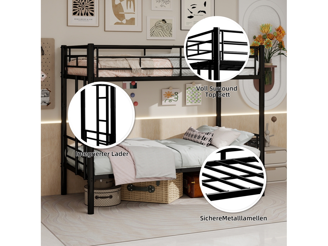 Camas ROLIPO Beliche de Metal Separável em Duas 90x190 Cm Preto